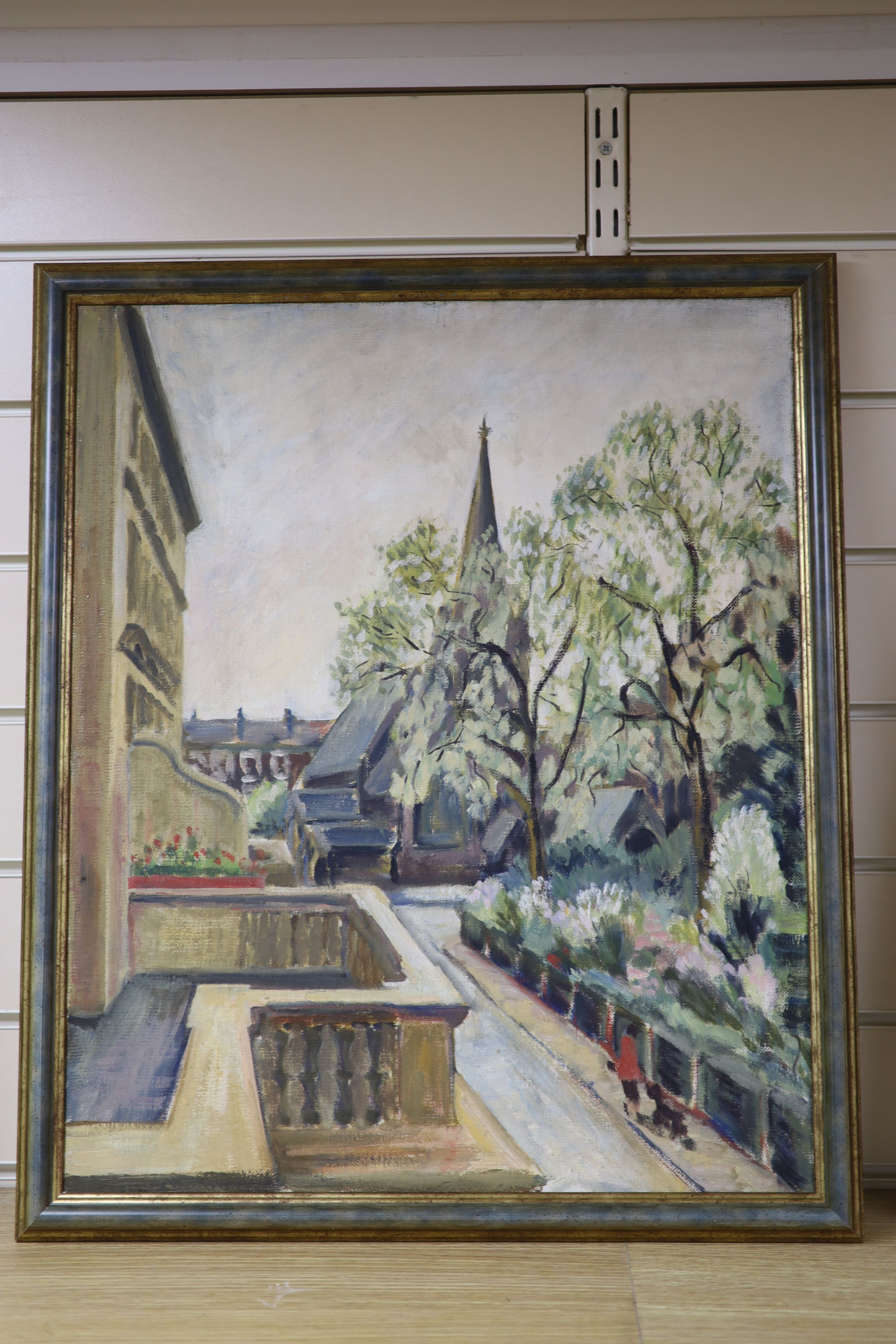 Elizabeth Goudge (1923-2020), oil on canvas, Warwick Square, an abstract verso, 55 x 45cm